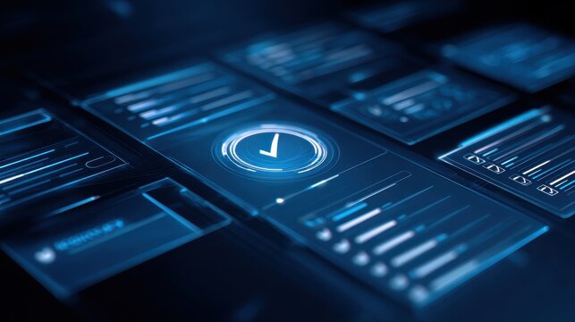 A futuristic control board integrating policy review approval routing monitoring screens profile identity layers management system cores and a clarified checklist