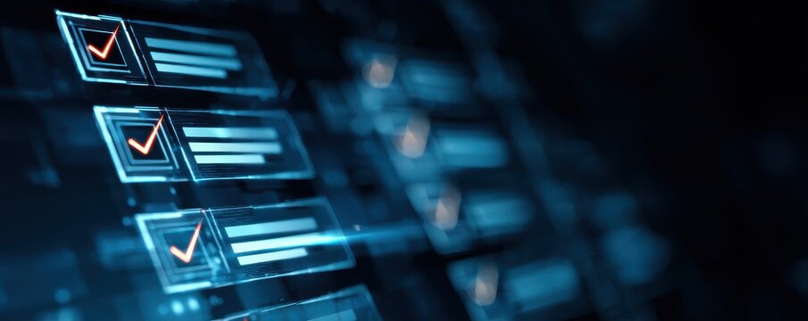 A minimal high tech interface showing management system signals policy structures approval gates monitoring analytics profile previews and a validated checklist