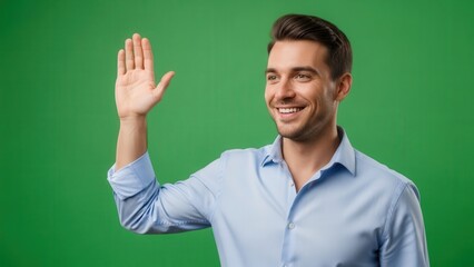 Young smiling man with dark hair in light blue shirt waving against green screen background in