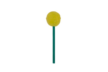 Yellow lollipop isolated on white background. Round shaped yellow sweet lollipop. Hard candy on a stick isolated