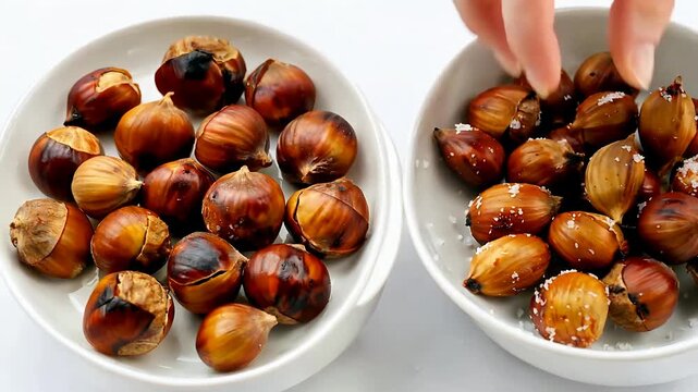Delicious roasted chestnuts in bowls ready to eat today.