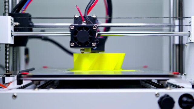 Automated 3D Printing of a bright Yellow Object, close-up view