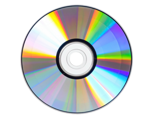 Shiny, iridescent disc with black center and silver trim, isolated