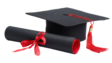 Black graduation cap with red tassel and rolled diploma tied with red ribbon isolated in high resolution PNG style, clean transparent background feel and crisp cutout ideal for graduation invitations