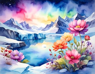 Watercolor painting of snowy mountains, flowers, and colorful sky