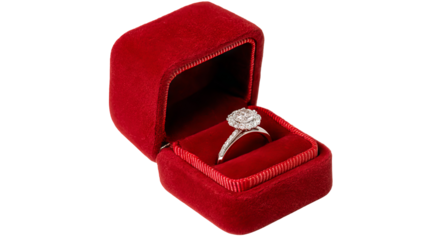 Diamond ring in red box isolated in high resolution png style with clean transparent background feel, sparkling detailed cutout ideal for wedding and engagement proposals, romantic gift designs