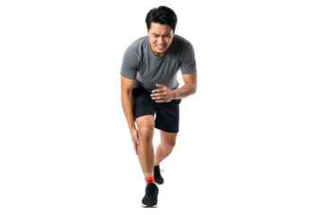 Asian man clutching his calf with a pained expression after a sports injury, Isolated on transparent background