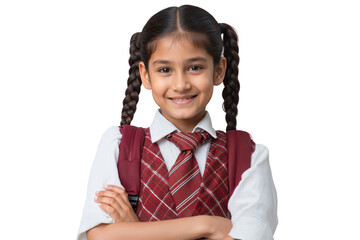 Smiling young Indian schoolgirl in uniform and backpack, with pigtails and crossed arms, isolated on transparent background