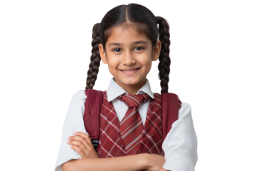 Smiling young Indian schoolgirl in uniform and backpack, with pigtails and crossed arms, isolated on transparent background