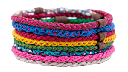 Stack of colorful woven bracelets with vibrant textures isolated in high resolution PNG style and transparent background feel, detailed accessory cutout ideal for craft designs, fashion mockups