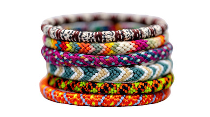 Stack of colorful woven bracelets with vibrant textures isolated in high resolution PNG style and transparent background feel, detailed accessory cutout ideal for craft designs, fashion mockups