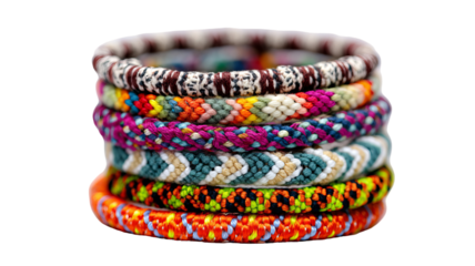 Stack of colorful woven bracelets with vibrant textures isolated in high resolution PNG style and transparent background feel, detailed accessory cutout ideal for craft designs, fashion mockups