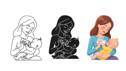 Mother feeding baby with a bottle, set of three illustrations outline, silhouette and color drawing