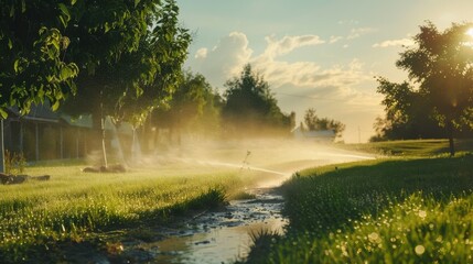 Automatic lawn irrigation system waters green grass. Sprinklers spray water droplets. Summer garden watering. Efficient landscape irrigation. Turf care. Water conservation. Sustainable agriculture.