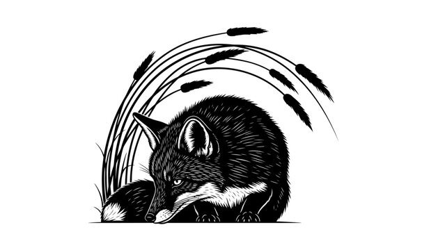 Fox in Reeds: A cunning fox rests peacefully beside a cluster of reeds, showcasing its sleek fur and sharp features in a moment of quiet contemplation.