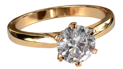 Gorgeous gold engagement ring with diamond isolated in high resolution png style, clean transparent background feel and sparkling detailed cutout ideal for bridal jewelry branding, proposal designs