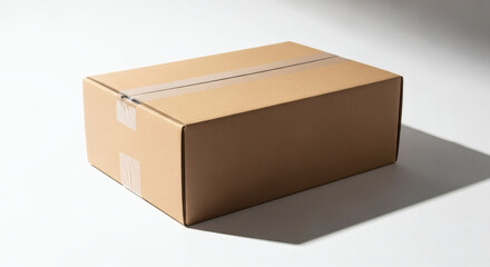 Securely sealed brown cardboard shipping box presented on a pristine white background, perfect for illustrating concepts of delivery, packaging, and e-commerce logistics.