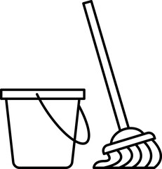 Mop and bucket cleaning tools line art icon