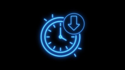 Blue Neon Clock with Downward Arrow Icon on Black Background time download