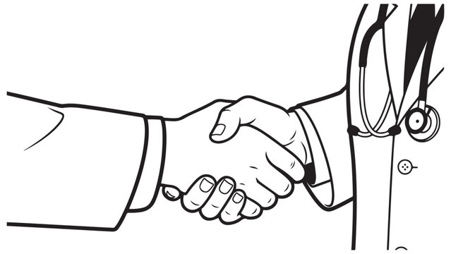 Vector line art illustration of a handshake between a business professional and a medical doctor symbolizing healthcare insurance agreement