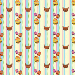 Cute Easter Eggs and Baskets Seamless Pattern on Pastel Stripes