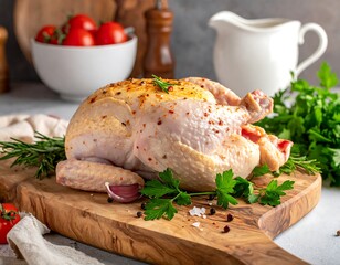 Whole, uncooked chicken on wooden board with ingredients