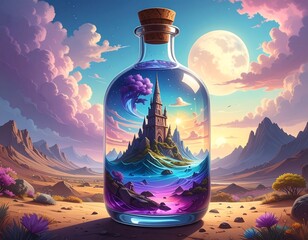 Whimsical scene of a castle inside a bottle