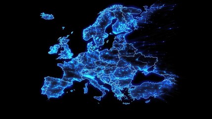 
Digital glowing Europe map with blue contours on black background represents EU network, European union connectivity, data transfer, cyber technology, information exchange in European countries.