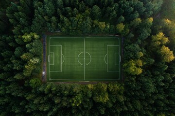Aerial View of Football Field Surrounded by Lush Green Trees