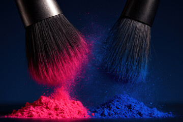 Makeup Brushes Releasing Pink And Blue Cosmetic Powder