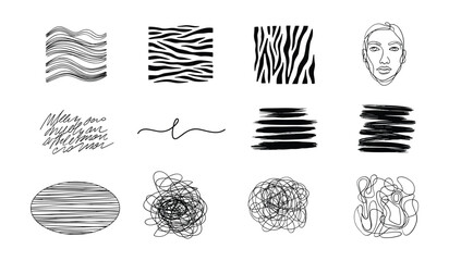 Twelve Black and White Abstract Line Art Elements and Patterns Keywords: abstract, line art, black, white, pattern, shape, drawing, illustration, graphic, design, element, icon, set, collection