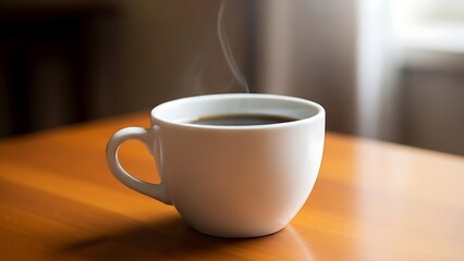 Obraz premium Steaming white coffee mug on wooden table
