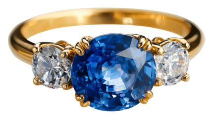Blue sapphire and diamond gold ring isolated in high resolution PNG style with clean transparent background feel, sparkling detailed cutout ideal for luxury jewelry branding, engagement designs.