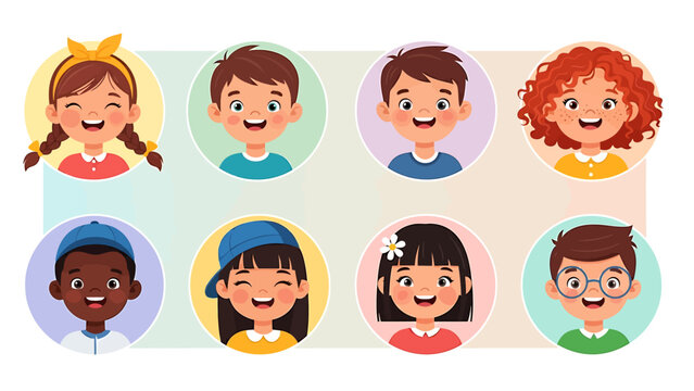 A charming collection of animated profile pictures depicting eight happy children with diverse looks, capturing joy and inclusivity in bright, friendly circular portraits