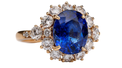 Blue sapphire and diamond gold ring isolated in high resolution PNG style with clean transparent background feel, sparkling detailed cutout ideal for luxury jewelry branding, engagement designs.