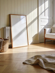 Blank floor frame mockup leaning on wall in sunlit room interior with radiator