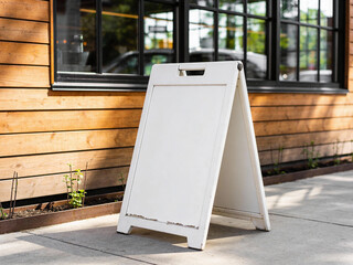 Blank A-frame sidewalk sign mockup outside cafe storefront on pavement