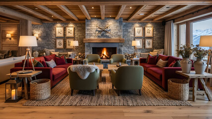 Luxury ski lodge lounge with cozy fireplace and rustic decor