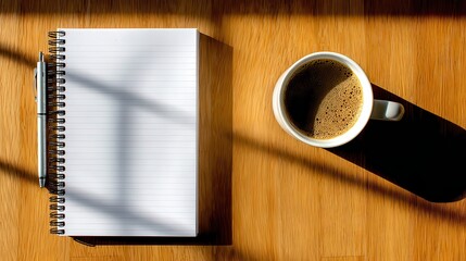 Overhead View of Open Spiral Notebook with Pen and Coffee Cup on Wood Table in Sunlight with Shadows