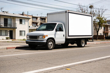 Delivery box truck blank billboard mockup parked on residential street for advertising 