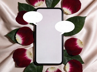 Blank phone screen mockup with speech bubbles on satin fabric and rose petals 