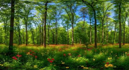 Panoramic view of vibrant wildflowers in forest meadow with tall trees and blue sky on sunny day