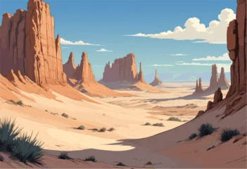 Fotobehang Diepbruin a vast desert canyon featuring towering red cliffs, sandy dunes, and a clear path leading towards the horizon under a blue sky with fluffy white clouds  © laurence