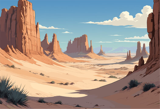 a vast desert canyon featuring towering red cliffs, sandy dunes, and a clear path leading towards the horizon under a blue sky with fluffy white clouds