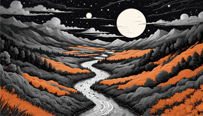landscape illustration featuring a large full moon and starry night sky above a winding river, with stylized mountains and hills rendered in striking black, white, and vibrant orange tones © laurence