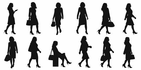 Silhouettes of fashionable women walking and posing in various outfits