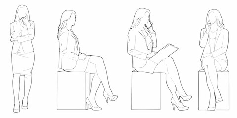 Line art illustrations of a woman in various seated and standing poses