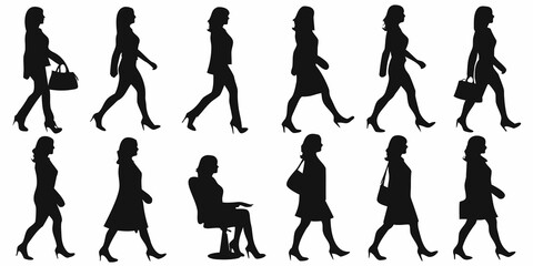 A collection of silhouettes depicting women walking and seated in various poses