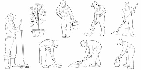 Line art illustration depicting farmers and gardening tools in various poses