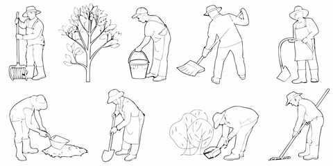 Line art depiction of farmers and gardeners working in various poses